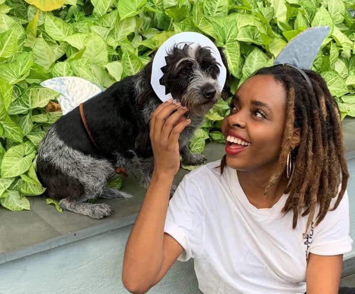 cachorro vestido de tubarão ao lado de tutora