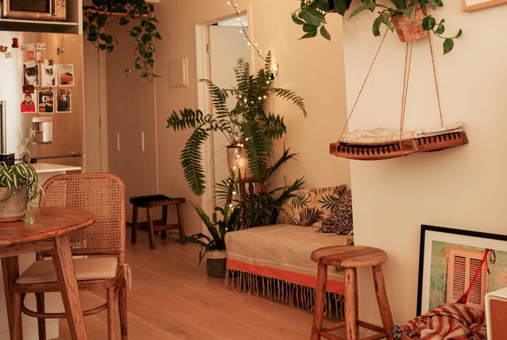 interior de uma casa com plantas e móveis