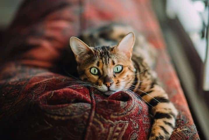 Gato com pelagem rajada deitado no sofá.