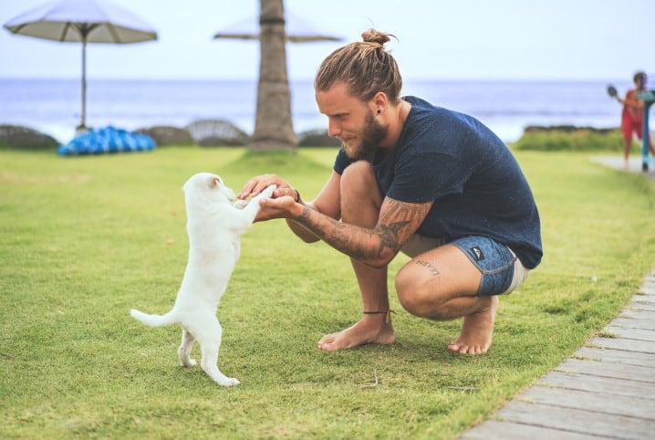 Homem tatuado brincando com cachorro filhote