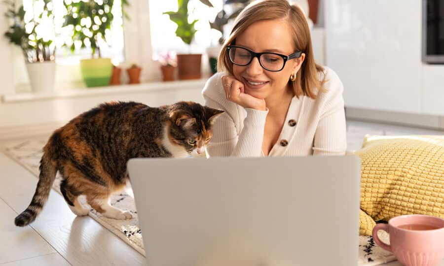 tutora mexendo no notebook com seu gato ao lado em posse responsável
