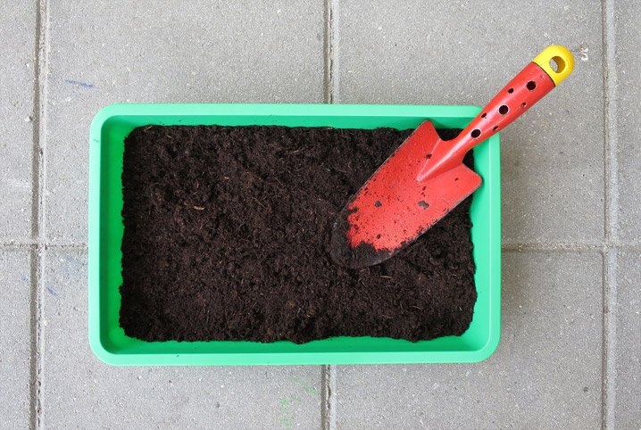 Terra para planta com uma pá vermelha em cima.