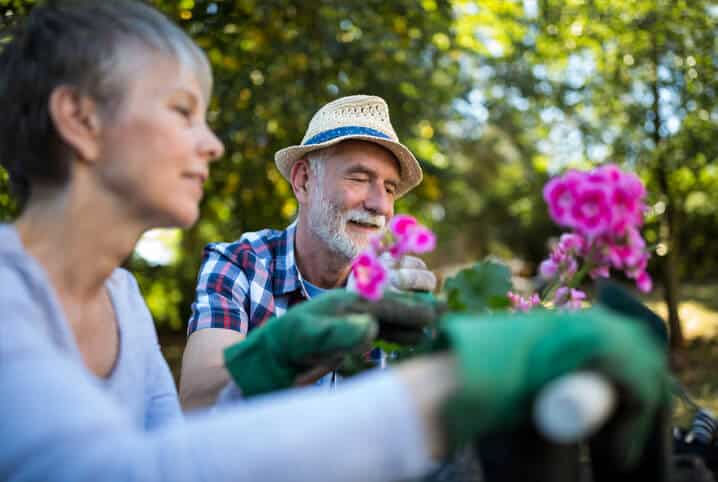Casal de idosos fazendo jardinagem.
