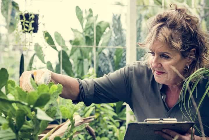 Mulher olhando plantas do jardim. 