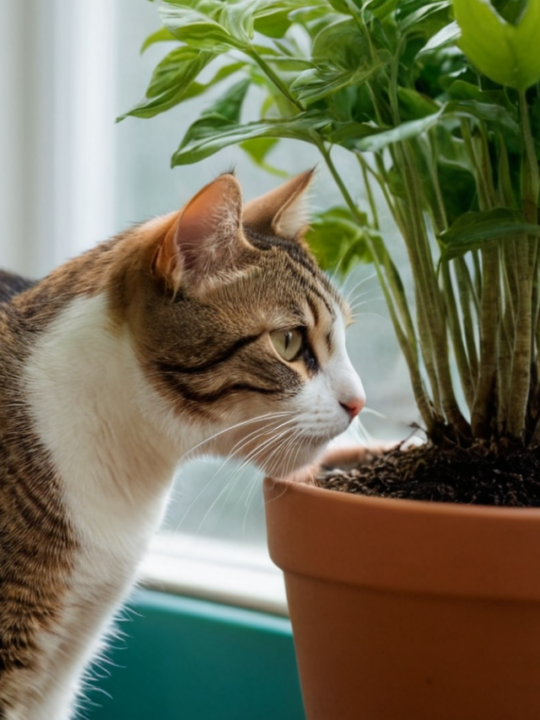 Gato cheirando o vaso de planta.