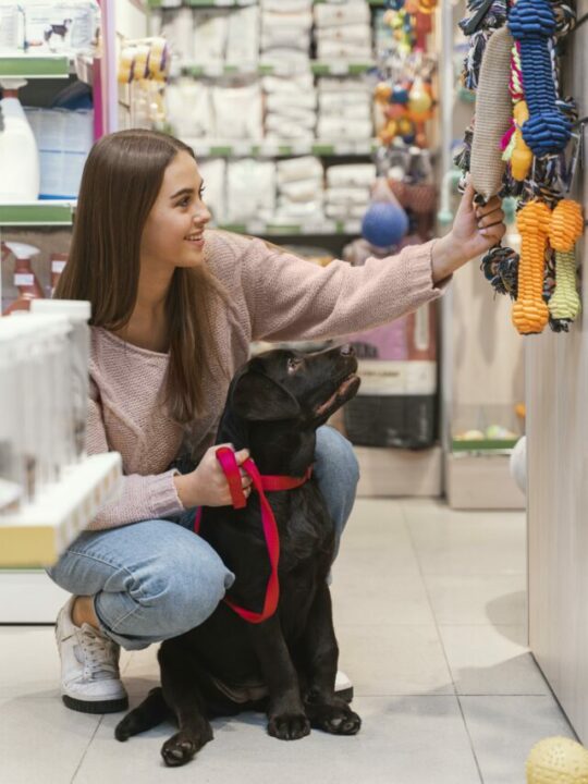 mulher na pet shop com seu cão
