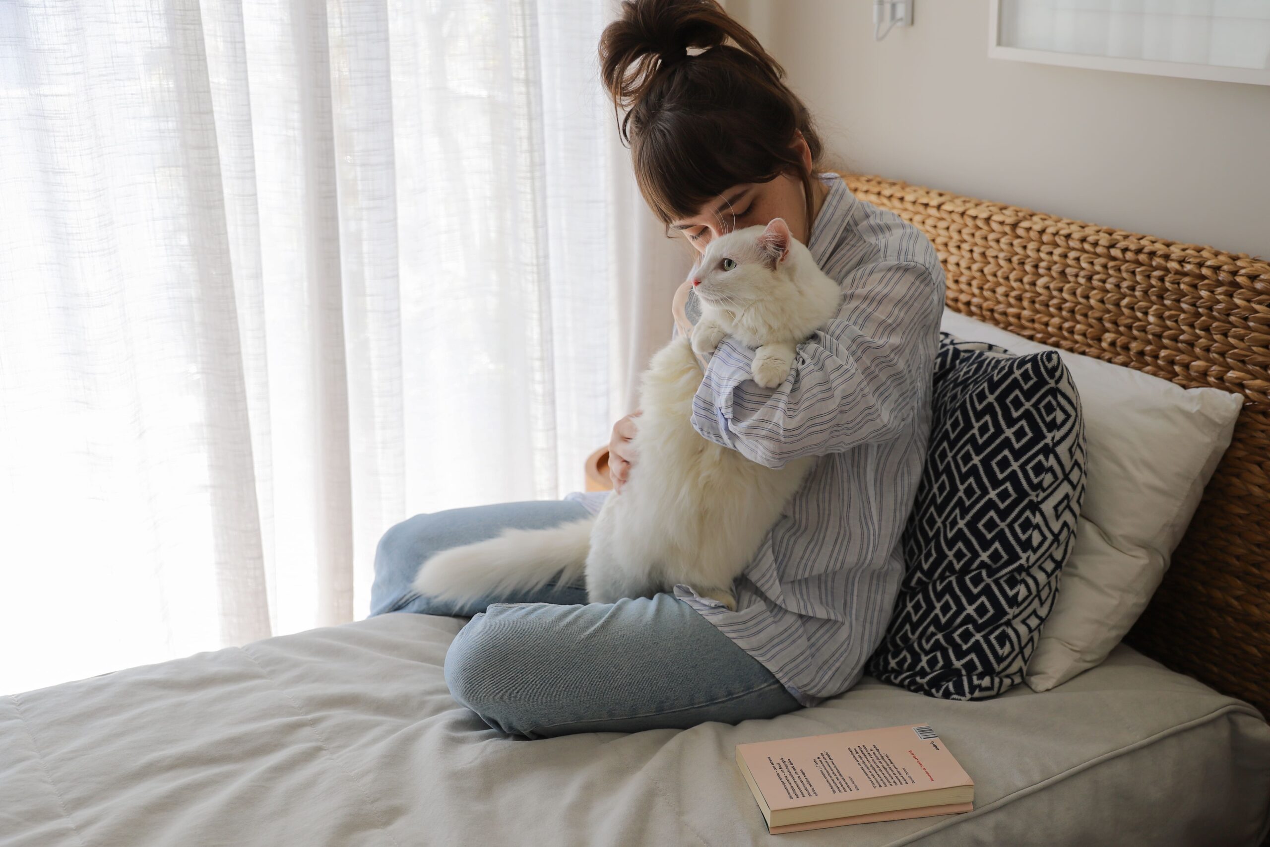 Descubra tudo sobre o amor de gato 1 Tutora com gato branco em seu colo, sentada na cama.