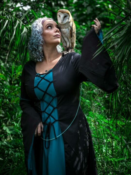 mulher fantasiada de bruxa com uma coruja no ombro.