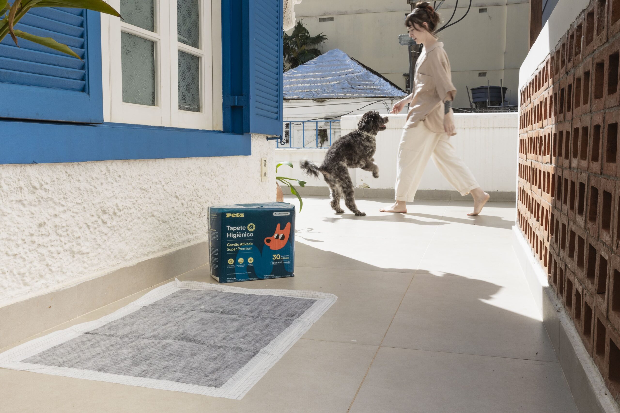 Ambiente externo com tapete higiênico no chão e cachorro brincando ao fundo.