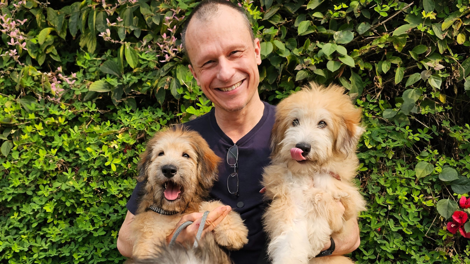 Dr. Pet segurando dois cachorros em seus braços.