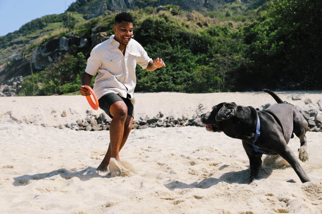 Homem brincando de frisbee com cachorro na praia.
