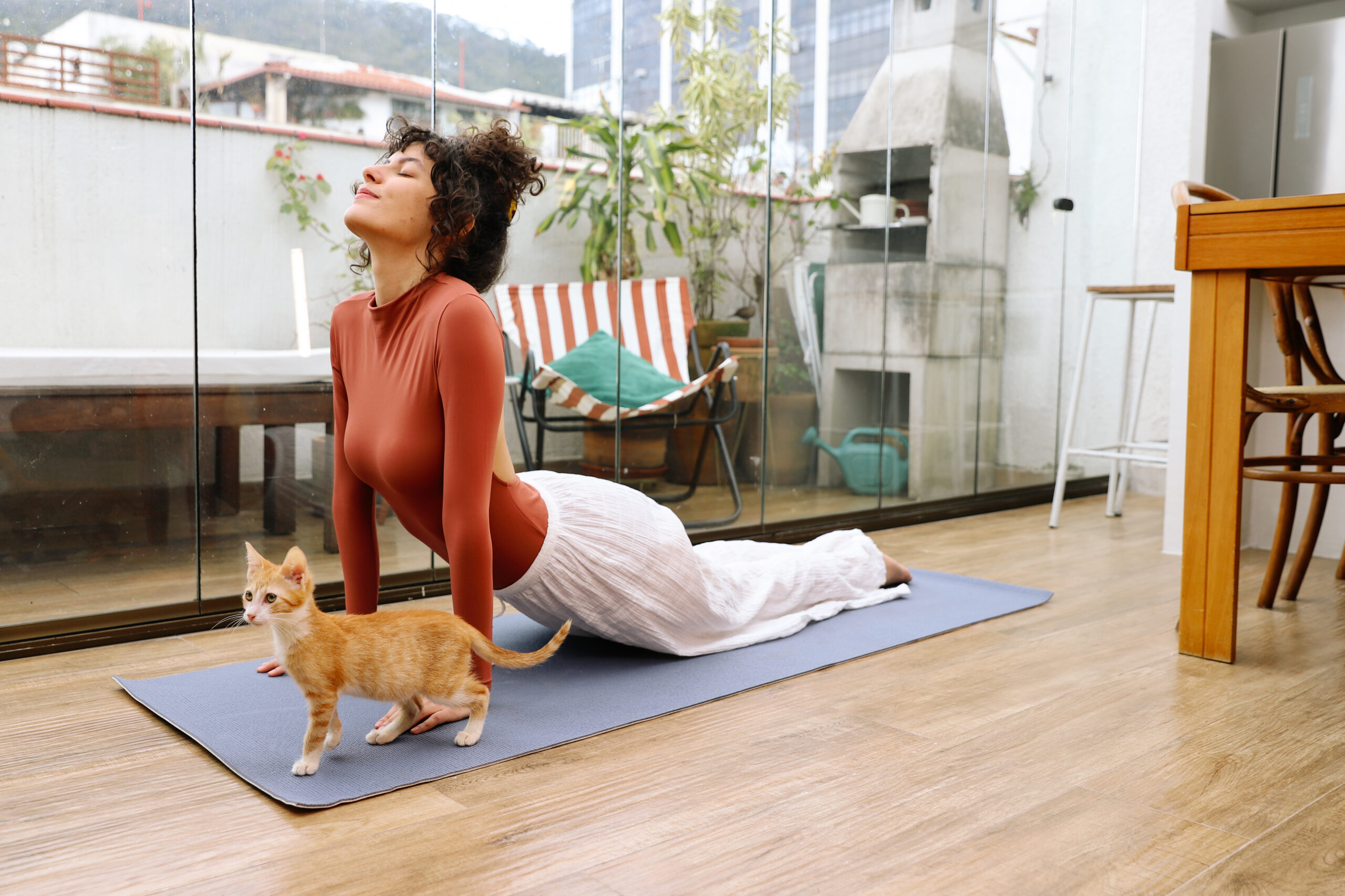 Tutora se alongando em tapete de yoga ao lado de gato laranja.