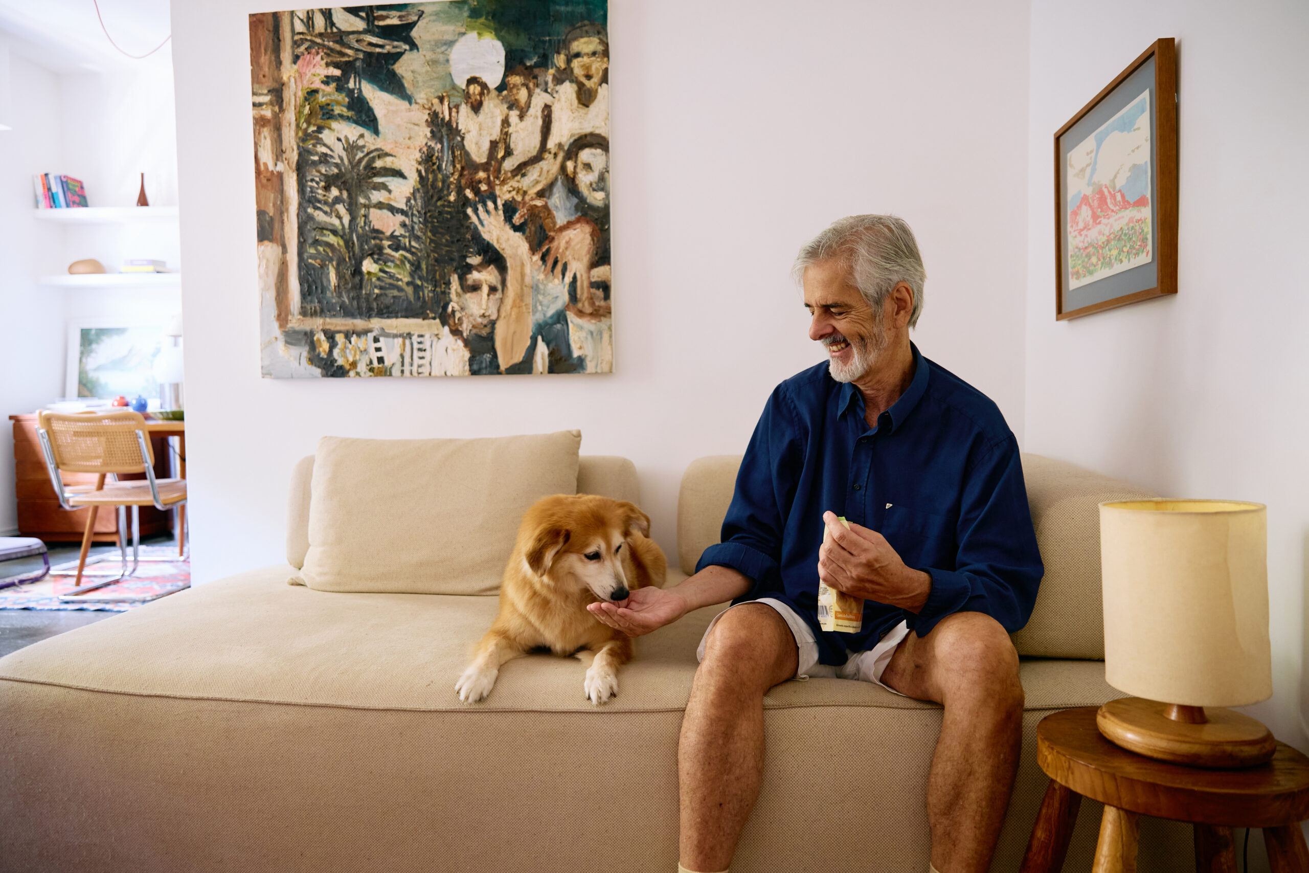 7 sinais de que seu pet está envelhecendo bem 2 Tutor oferecendo petisco na mão para o cachorro.
