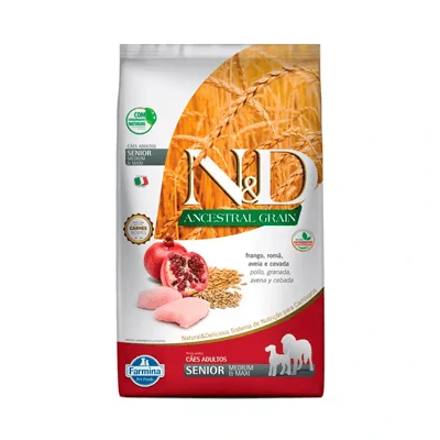 Ração Farmina N&D Ancestral Grain para Cães Sênior de porte Médio sabor Frango e Romã