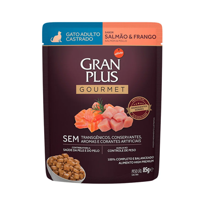 Ração Úmida GranPlus Gourmet Sachê para Gatos Castrados Sabor Salmão e Frango - 85g